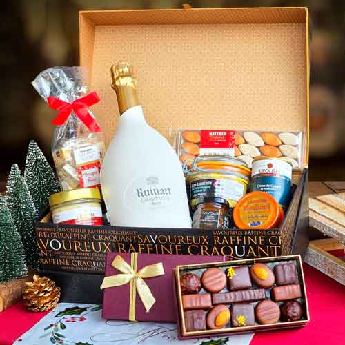 Seasons Best Champagne N Gourmet Gift Basket-Elegant Christmas Champagne Gift Basket Delivery In Paris