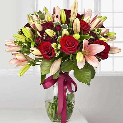 Red Rose And Lily Bouquet-Send Anniversary Flower France